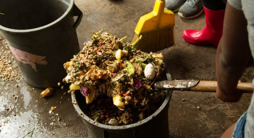 North Country School students shovel dining hall food scraps from a bucket to be composted. 